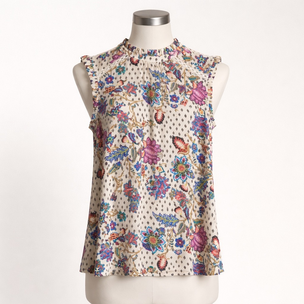 Ann Taylor Loft Floral High Neck Top L Crocheted Lace Trim Spring Blouse